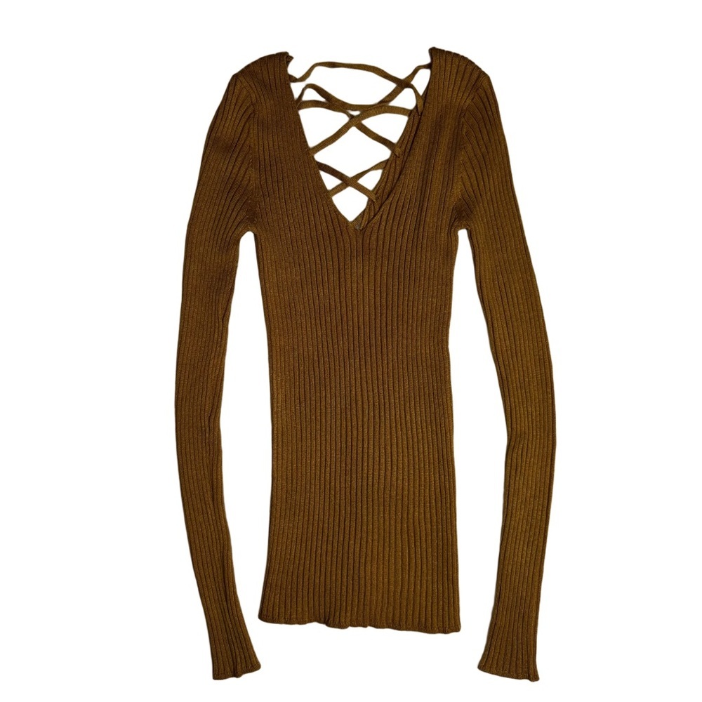 Ambiance Apparel Gold Ribbed Sweater Size Small Features A Lace Up Back NWT - Picture 3 of 9